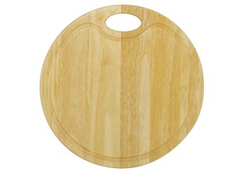 Round cutting board with groove and handle hole, natural varnish.