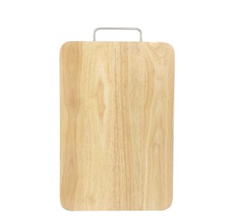 Rect. Cutting board with stainless handle, medium size, natural varnish