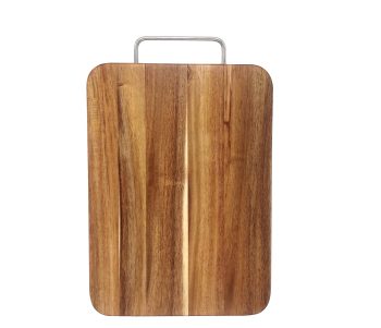 Rect. Cutting board with stainless handle, large size, ACACIA, natural varnish