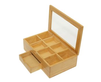 Tea box with acrylic window and 8 separate compartments, with small drawer,natural varnish