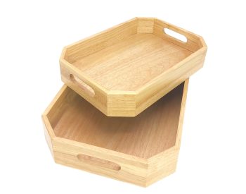 Set of 2 wooden corner chamfered tray with hole handle,  veneer MDF, natural varnish.
