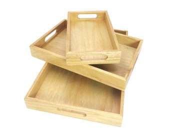 Set of 3 Rect. tray with hole handle,  veneer MDF, natural varnish.